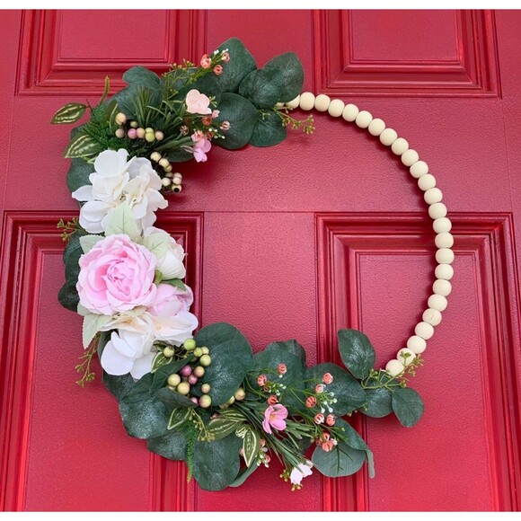 Floral Hoop Wreath: Pink Roses, Eucalyptus, Wood Beads - Boho Farmhouse Decor - Picture 2 of 10